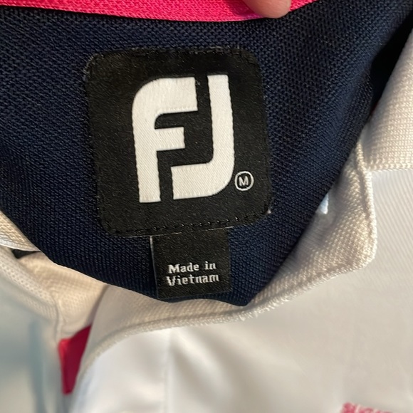 FootJoy Golf Polo Shirt med Men White Pink Blue Stripe Poly Colorblock polo - Picture 4 of 7